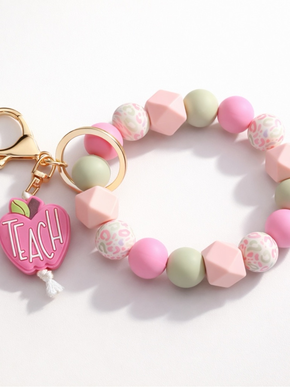 TEACH Apple Beaded Wristlet Keychain in Pink & Mint - Picture 3 of 3